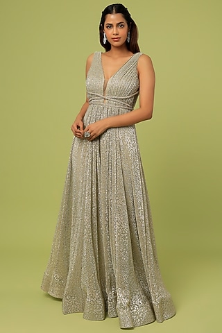 Pistachio Hand Embroidered Gown by Sharnita Nandwana