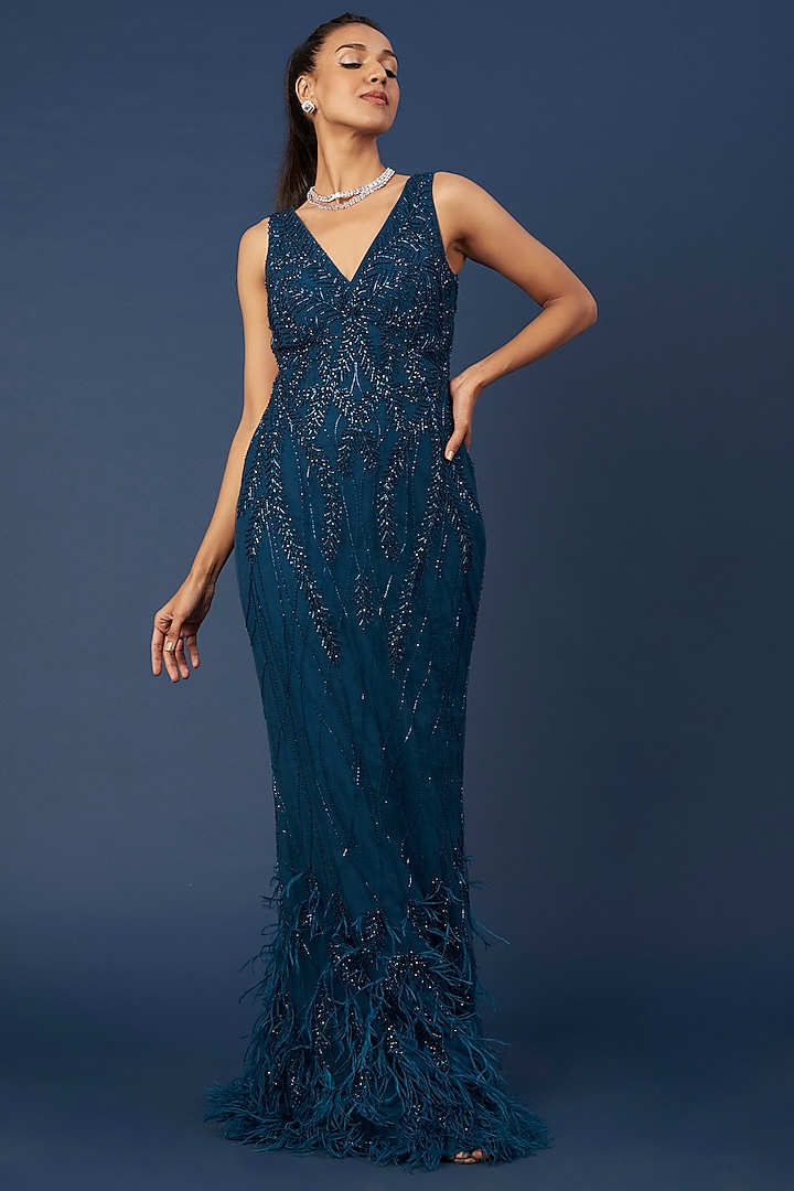Blue Embroidered Gown by Sharnita Nandwana