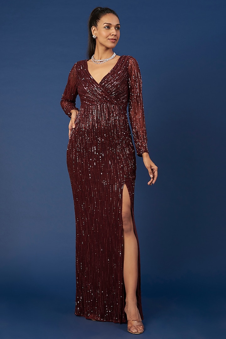 Burgundy Embellished Gown by Sharnita Nandwana at Pernia's Pop Up Shop