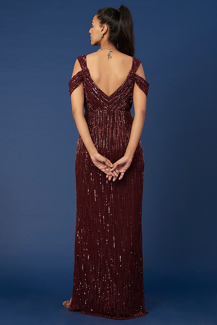 Burgundy Embroidered Wedding Gown by Sharnita Nandwana at Pernia's Pop Up Shop
