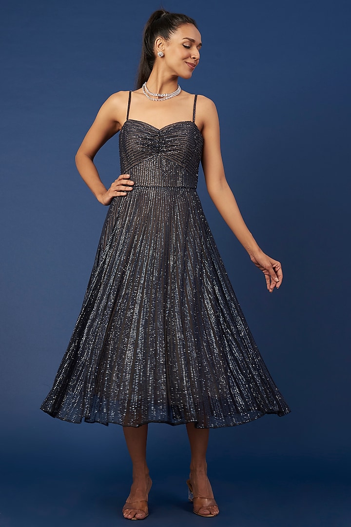 Navy Blue Embellished Midi Dress by Sharnita Nandwana