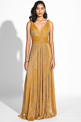 Mustard Micro Pleated Lame Gown by Sharnita Nandwana