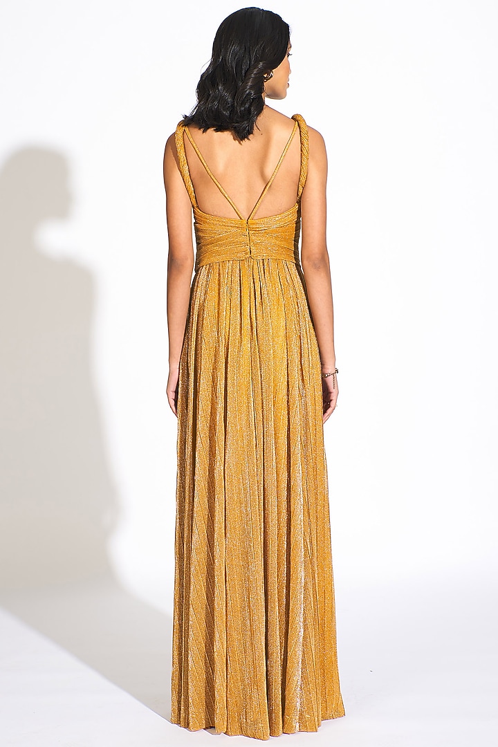 Mustard Micro Pleated Lame Gown by Sharnita Nandwana at Pernia's Pop Up Shop