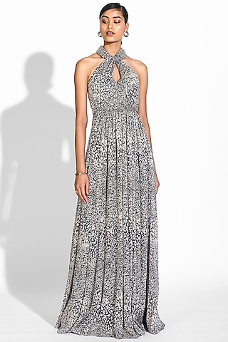 Charcoal Printed Lame Gown by Sharnita Nandwana
