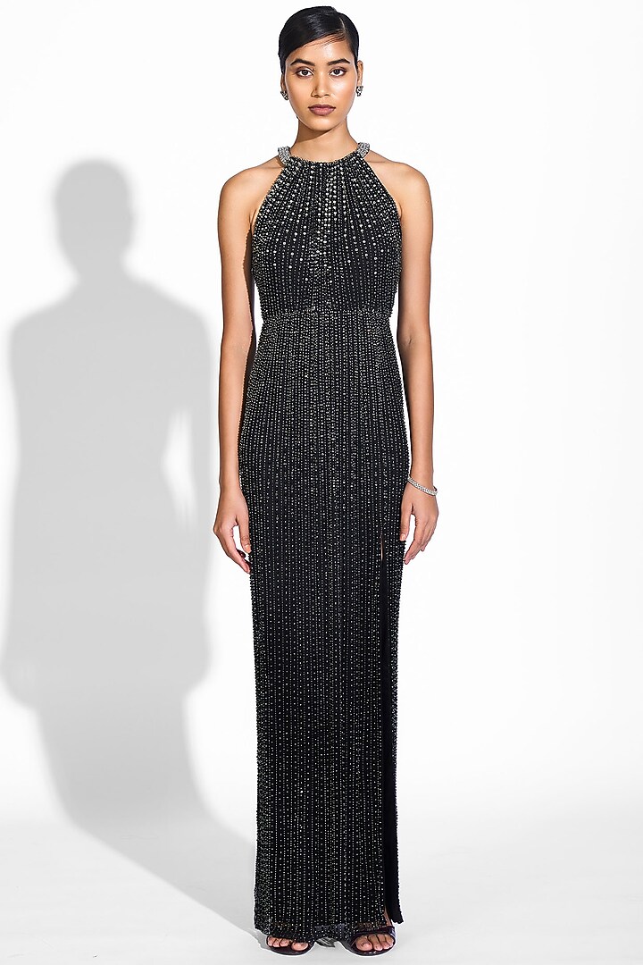 Gunmetal Black Embellished Gown by Sharnita Nandwana at Pernia's Pop Up Shop