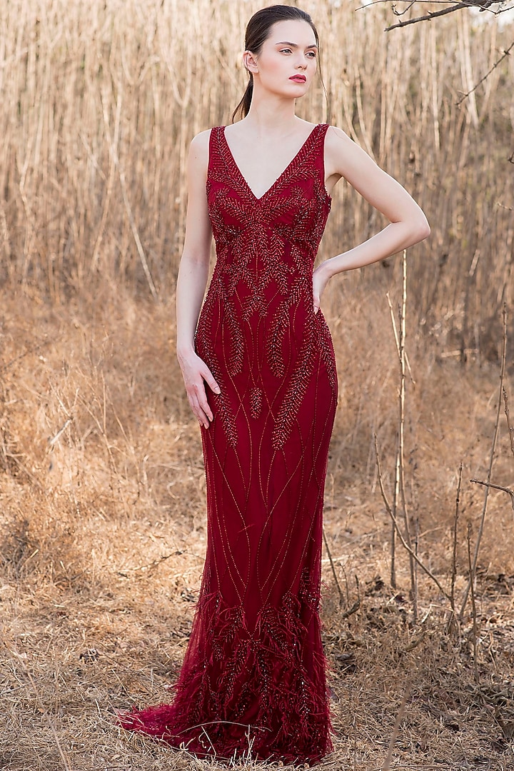 Maroon Tulle Embellished Gown by Sharnita Nandwana at Pernia's Pop Up Shop