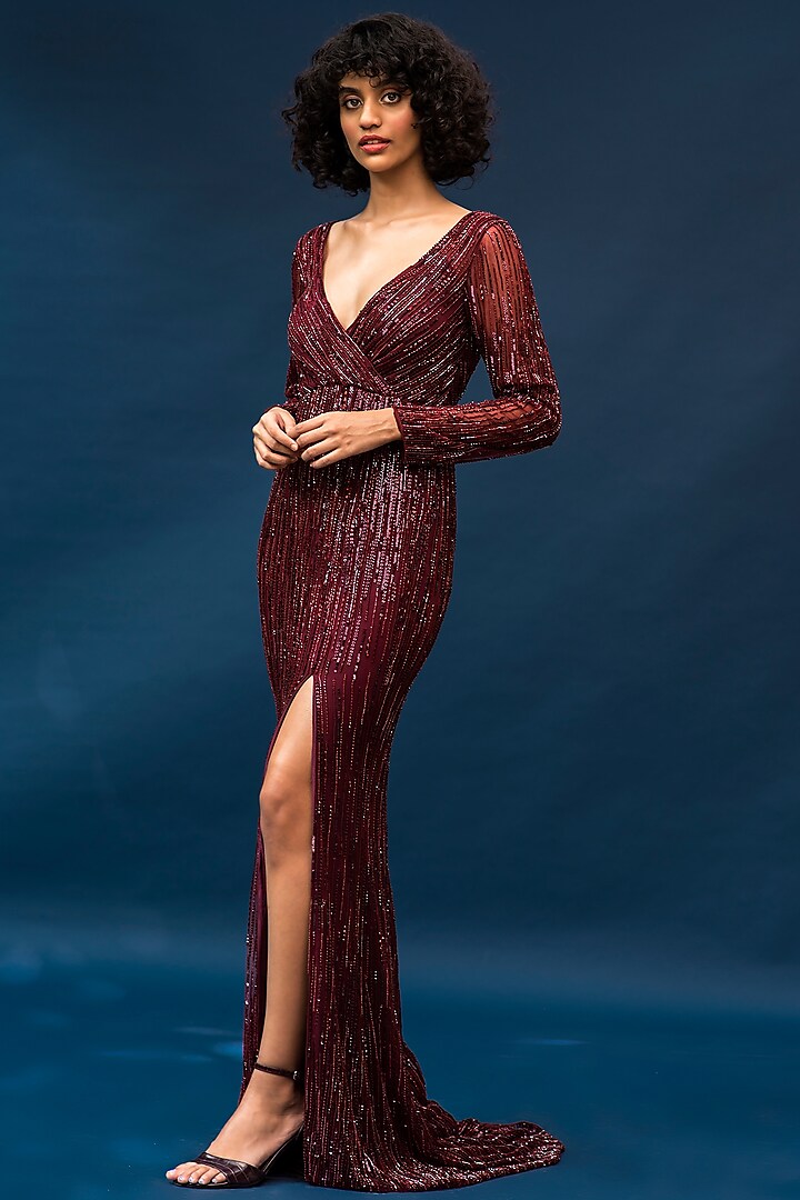 Burgundy Tulle Embroidered Gown by Sharnita Nandwana