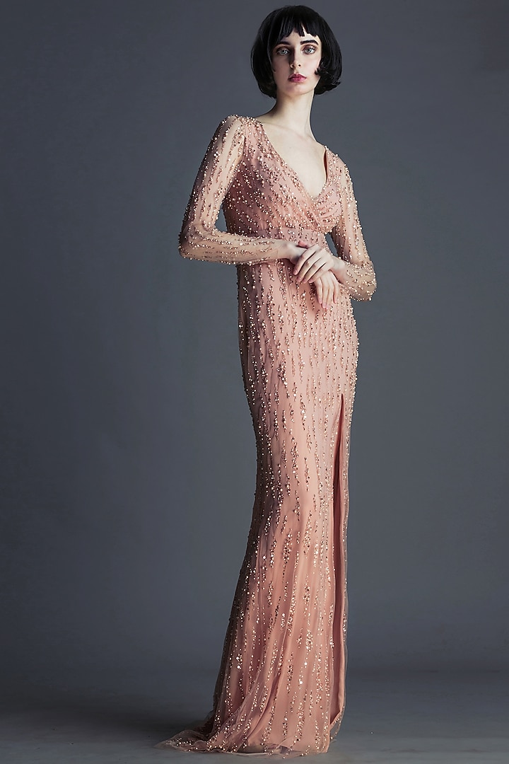 Dusty Rose Embroidered Tulle Gown by Sharnita Nandwana at Pernia's Pop Up Shop