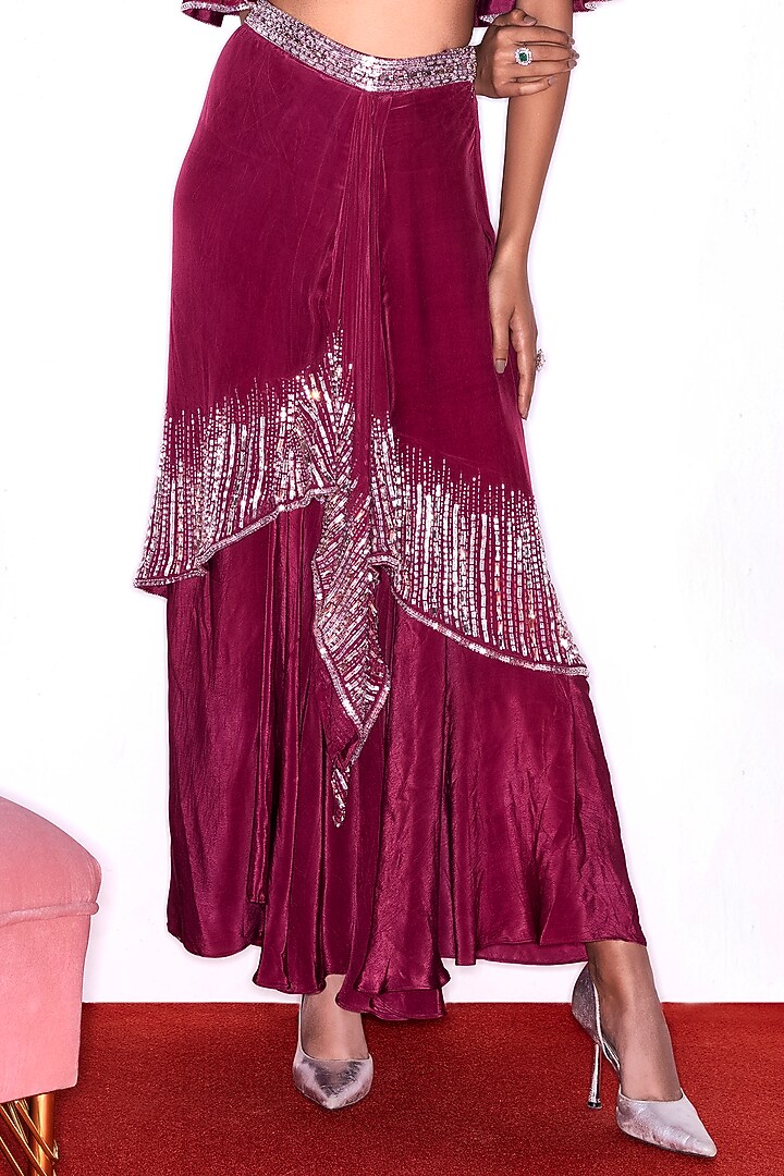 Ruby Red Crepe Hand Embroidered Skirt Set by Shian at Pernia's Pop Up Shop