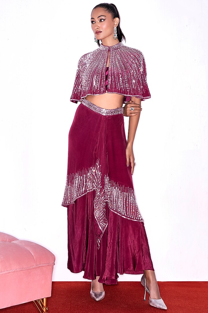 Ruby Red Crepe Hand Embroidered Skirt Set by Shian at Pernia's Pop Up Shop