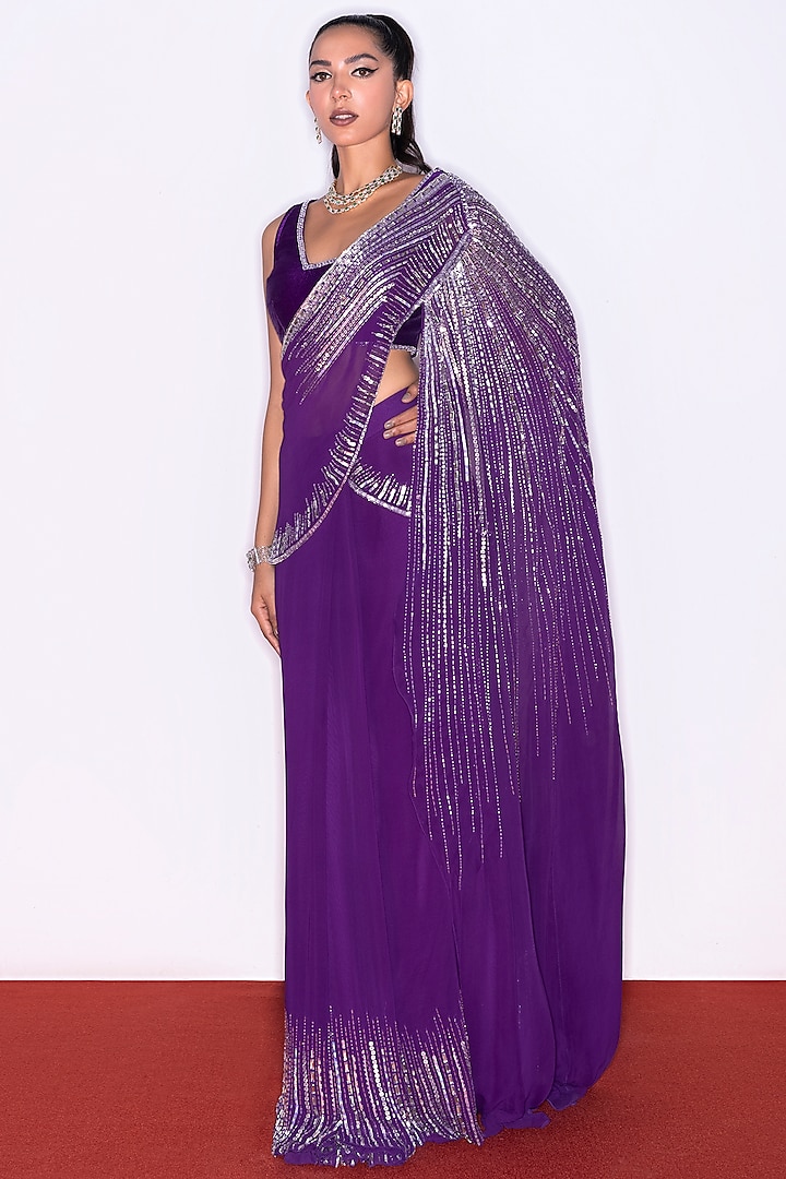 Purple Georgette & Silk Hand Embroidered Draped Saree Set by Shian