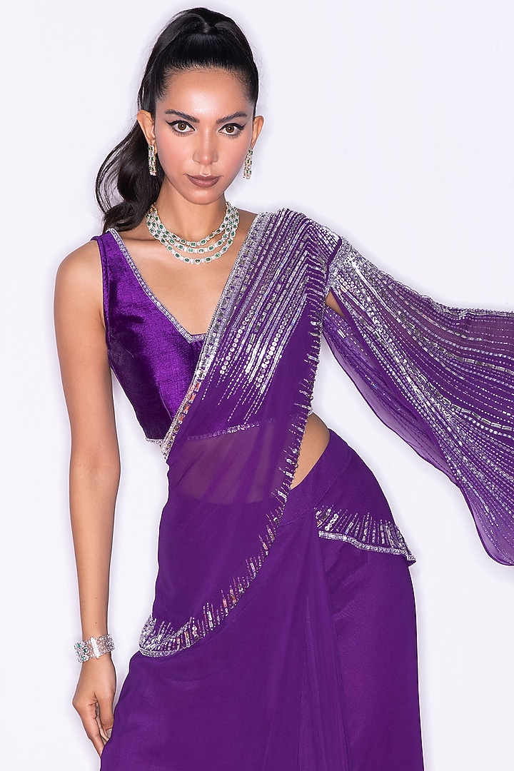 Purple Georgette & Silk Hand Embroidered Draped Reception Saree Set by Shian at Pernia's Pop Up Shop