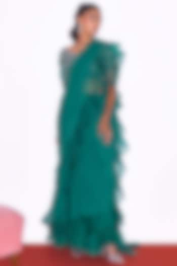 Emerald Green Georgette & Organza Frilled Saree Set by Shian