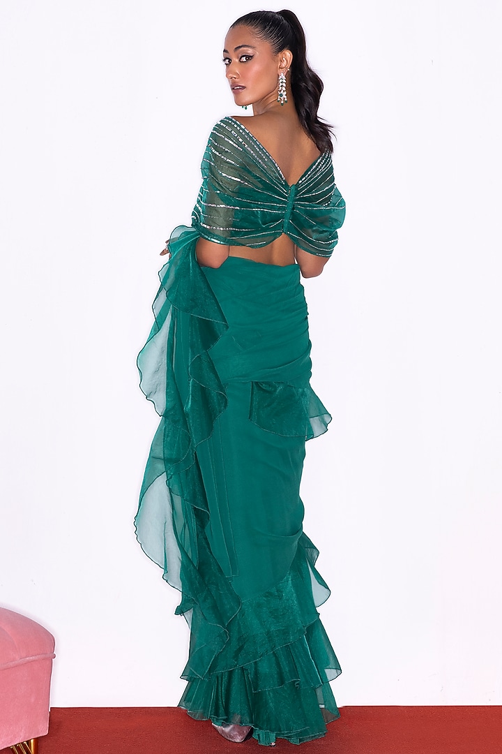 Emerald Green Georgette & Organza Frilled Wedding Saree Set by Shian at Pernia's Pop Up Shop