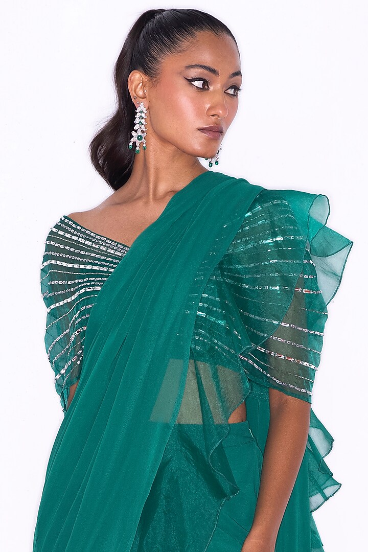 Emerald Green Georgette & Organza Frilled Wedding Saree Set by Shian at Pernia's Pop Up Shop