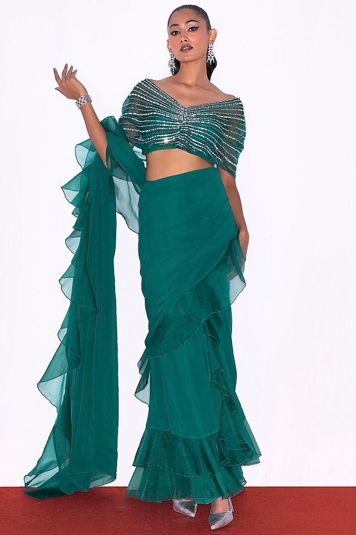 Emerald Green Georgette & Organza Frilled Wedding Saree Set by Shian at Pernia's Pop Up Shop