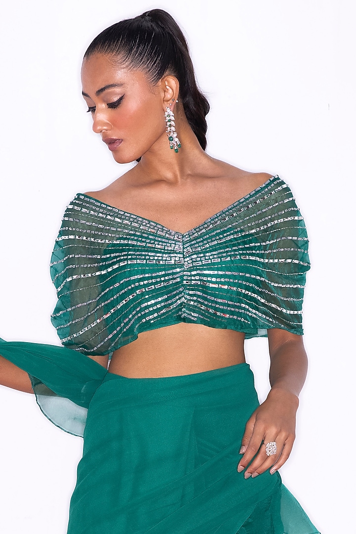 Emerald Green Georgette & Organza Frilled Wedding Saree Set by Shian at Pernia's Pop Up Shop