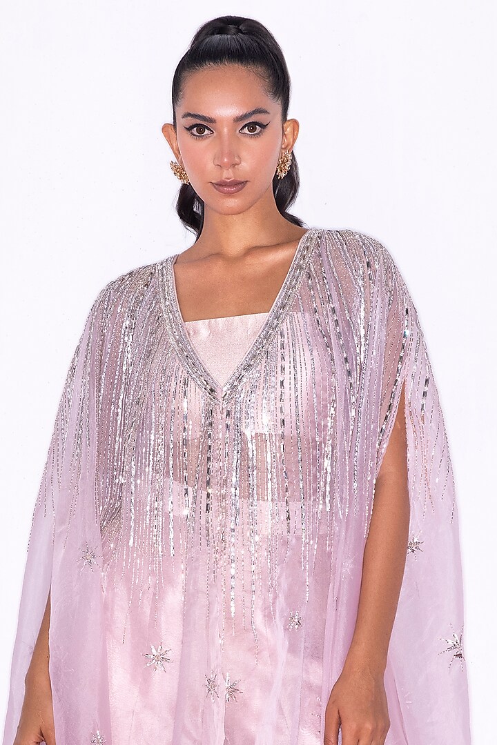 Blush Pink Organza Hand Embroidered Cape Set by Shian at Pernia's Pop Up Shop