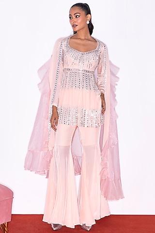 Peach Crepe Sharara Set by Shian