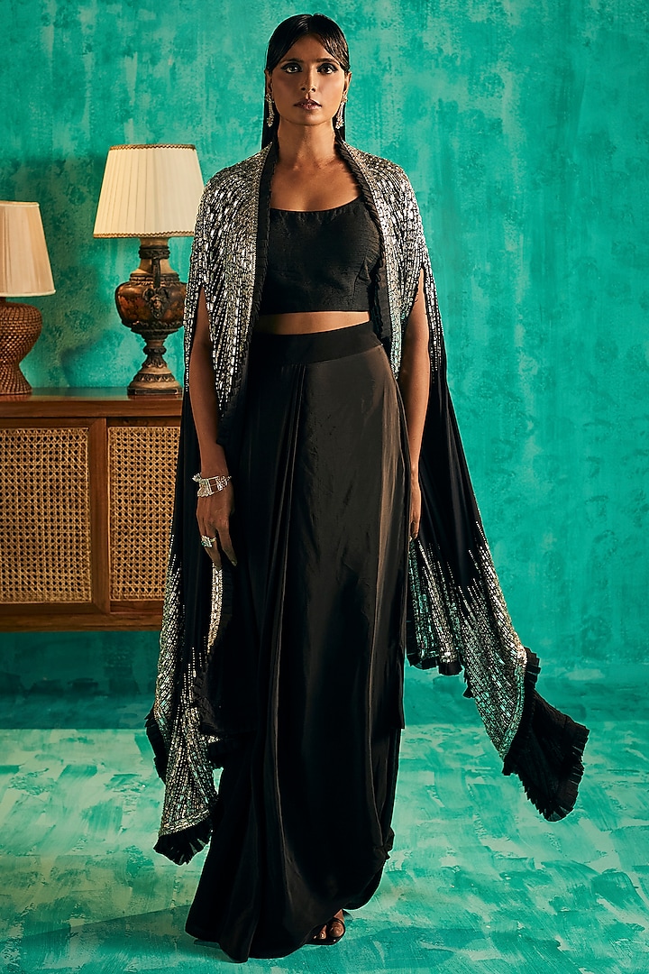 Black Crepe & Silk Dupion Hand Embroidered Cape Set by Shian
