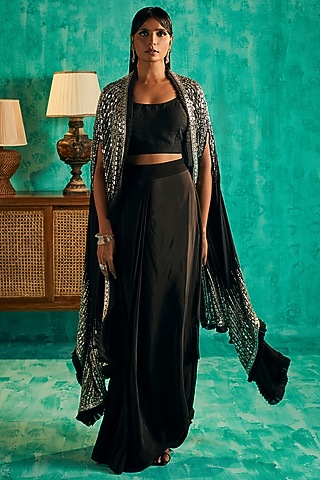 Black Crepe & Silk Dupion Hand Embroidered Cape Set by Shian
