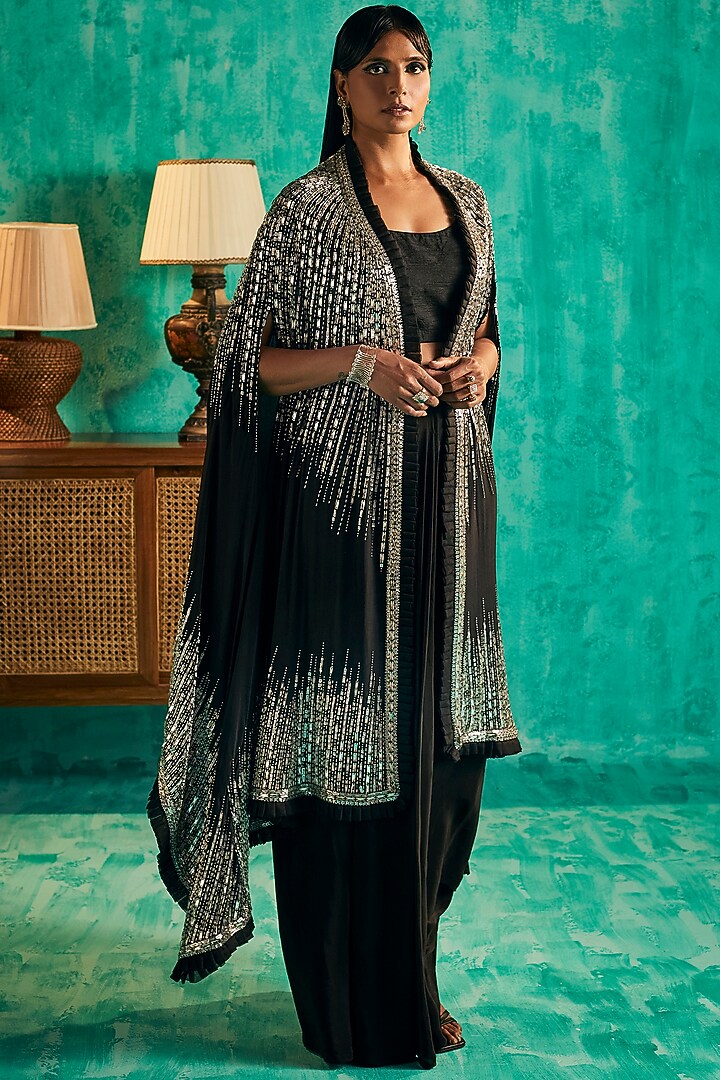 Black Crepe & Silk Dupion Hand Embroidered Cape Set by Shian at Pernia's Pop Up Shop