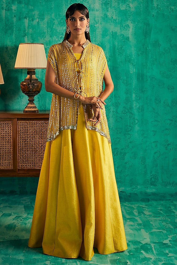 Yellow Georgette & Silk Dupion Hand Embroidered Cape Set by Shian