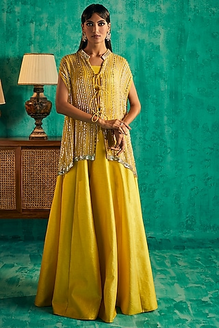 Yellow Georgette & Silk Dupion Hand Embroidered Cape Set by Shian