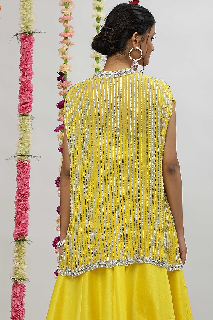 Yellow Georgette & Silk Dupion Hand Embroidered Cape Set by Shian at Pernia's Pop Up Shop