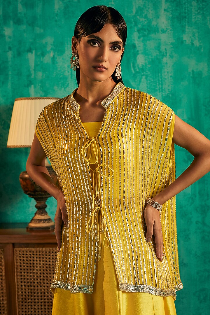 Yellow Georgette & Silk Dupion Hand Embroidered Cape Set by Shian at Pernia's Pop Up Shop