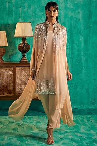 Peach Crepe & Georgette Hand Embellished Cape Set by Shian