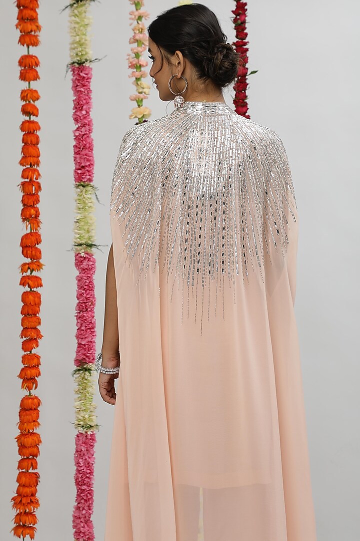 Peach Crepe & Georgette Hand Embellished Cape Set by Shian at Pernia's Pop Up Shop