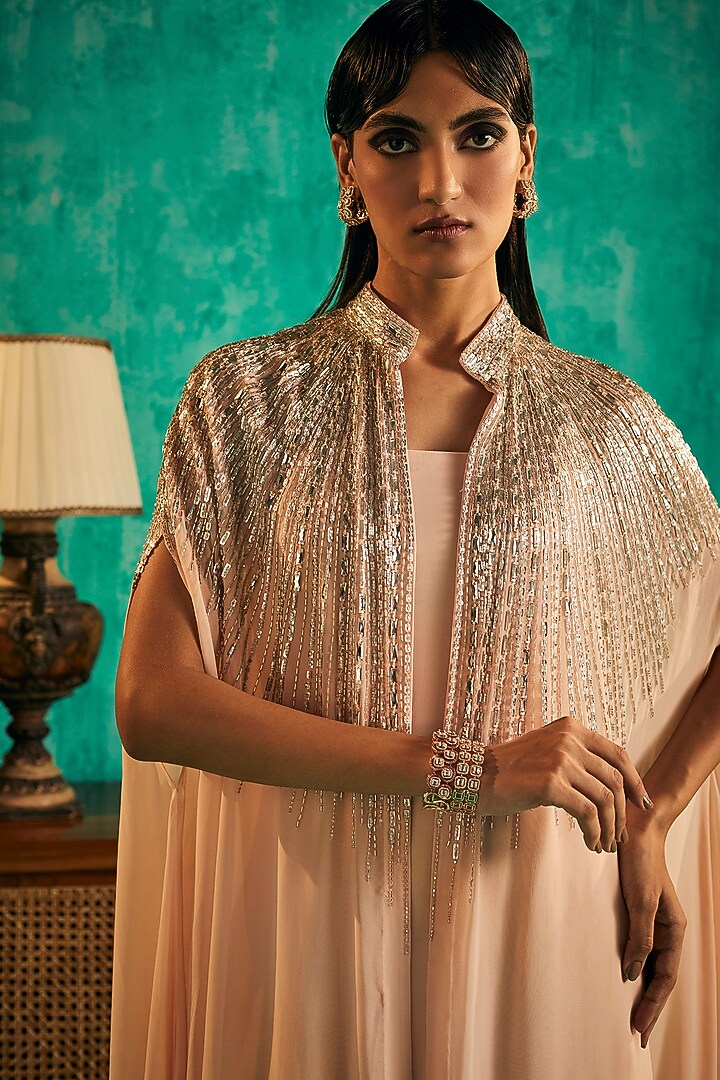 Peach Crepe & Georgette Hand Embellished Cape Set by Shian at Pernia's Pop Up Shop