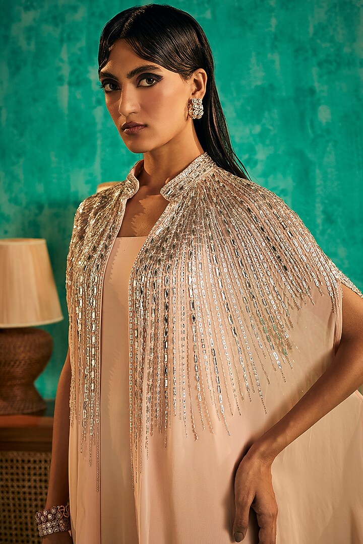 Peach Crepe & Georgette Hand Embellished Cape Set by Shian at Pernia's Pop Up Shop