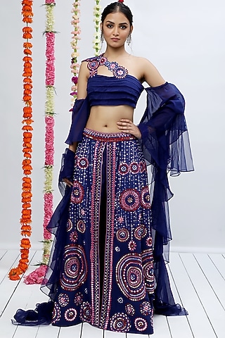 Navy Blue Crepe Thread Embroidered Lehenga Set by Shian