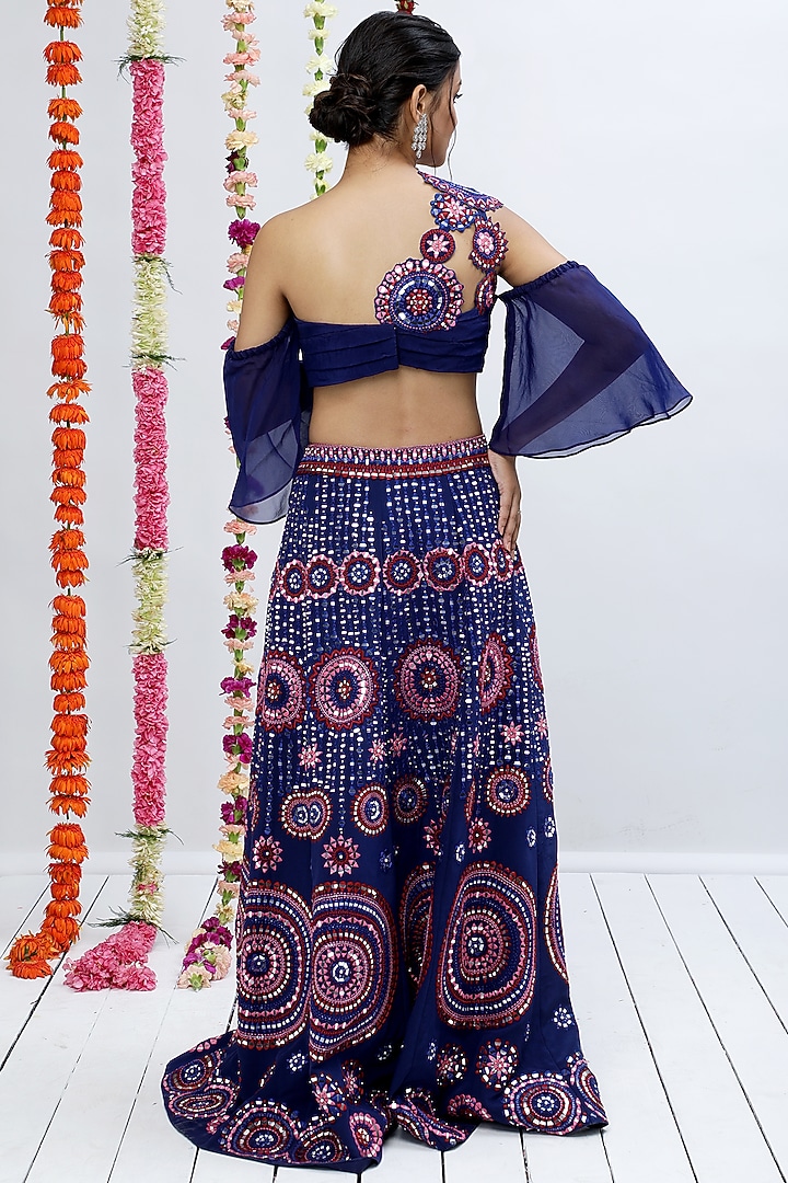 Navy Blue Crepe Thread Embroidered Wedding Lehenga Set by Shian at Pernia's Pop Up Shop