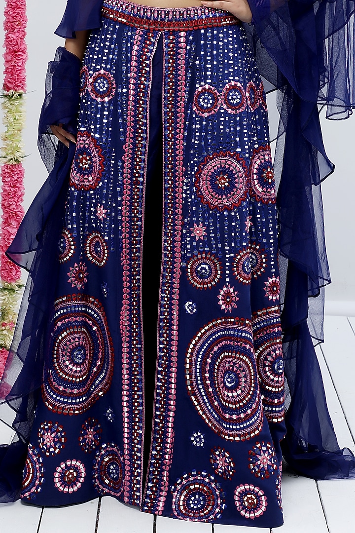 Navy Blue Crepe Thread Embroidered Wedding Lehenga Set by Shian at Pernia's Pop Up Shop