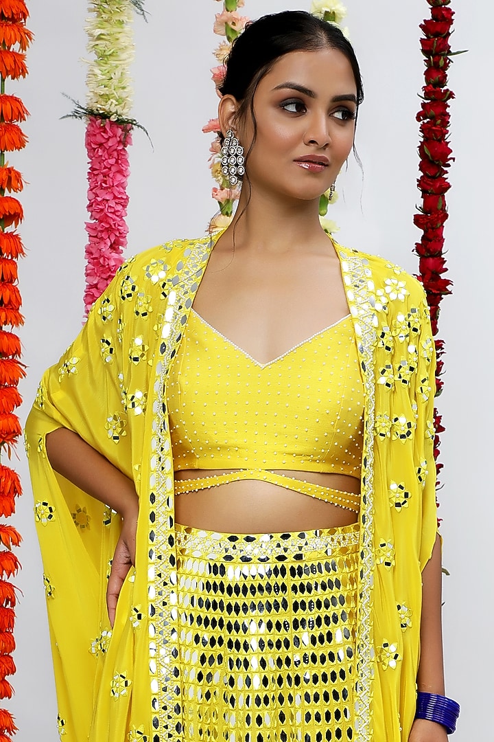 Yellow Crepe & Silk Dupion Pearl Embellished Wedding Sharara Set by Shian at Pernia's Pop Up Shop