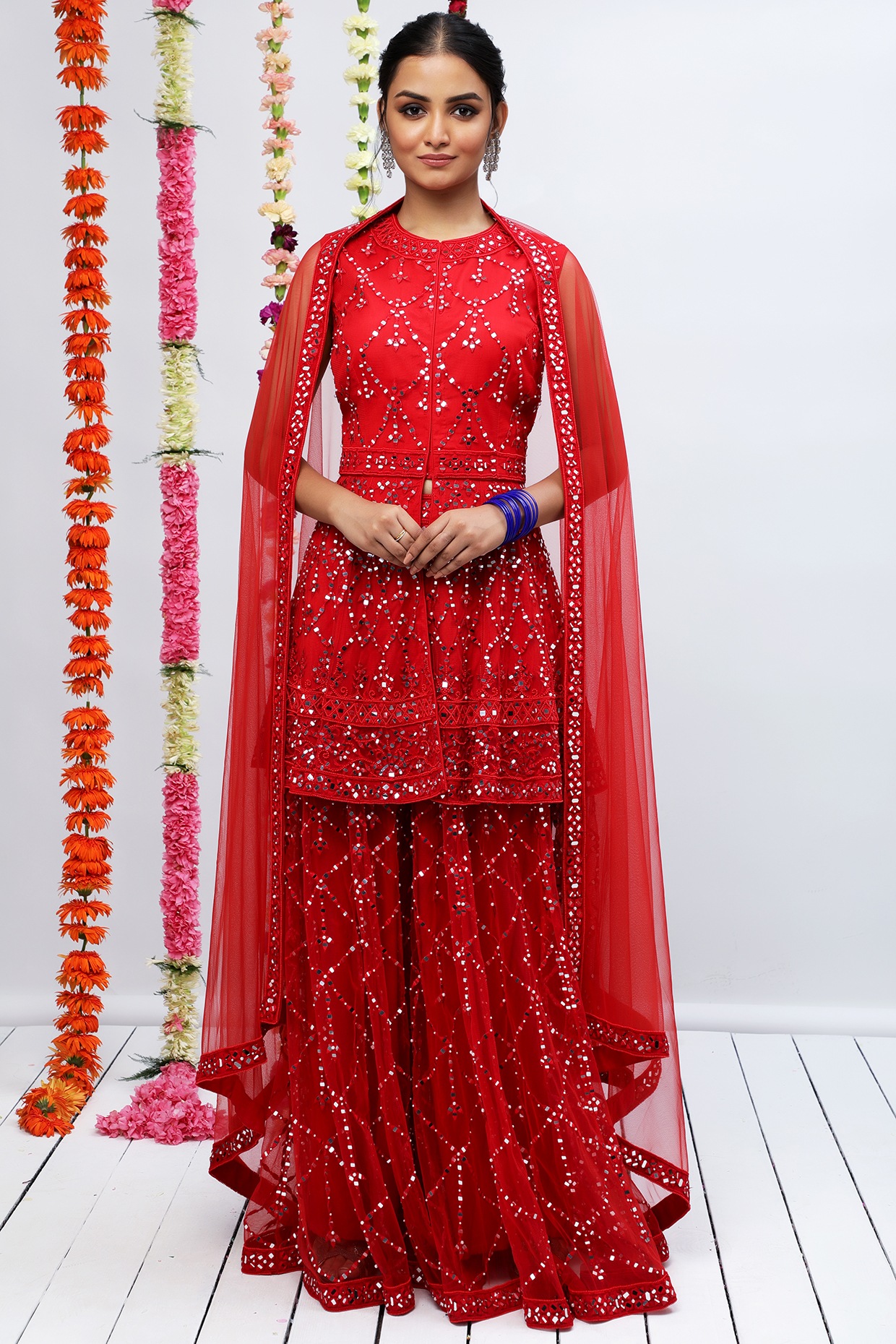 Ruri Enterprise Amazing Red Georgette Thread Work Semi Stitched Sharara  Plazzo Salwar Suit For Women RE145-RED
