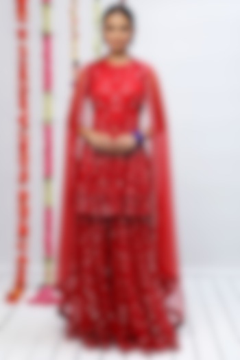 Red Net Embroidered Sharara Set by Shian