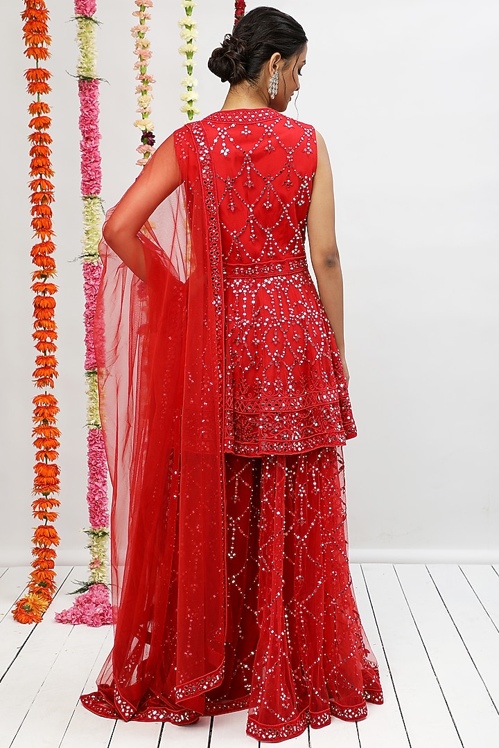 Red Net Embroidered Wedding Sharara Set by Shian at Pernia's Pop Up Shop