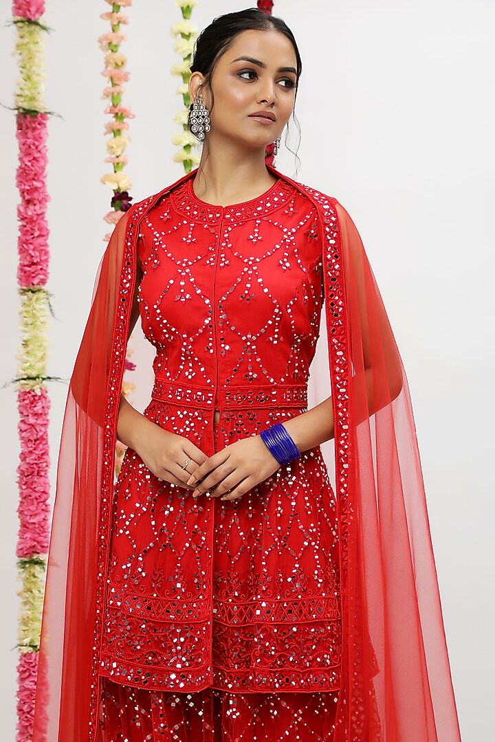 Red Net Embroidered Wedding Sharara Set by Shian at Pernia's Pop Up Shop