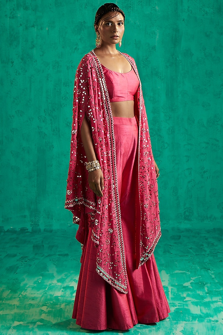 Pink Crepe & Silk Pearl Embroidered Sharara Set by Shian