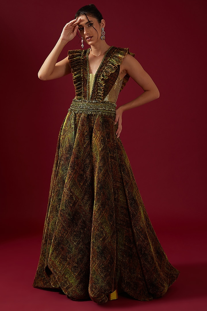 Mustard Pleated Satin Printed Volume Gown by Shantnu & Nikhil
