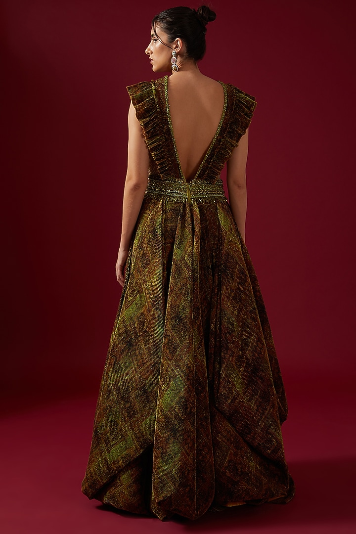 Mustard Pleated Satin Printed Volume Bridal Gown by Shantnu & Nikhil at Pernia's Pop Up Shop