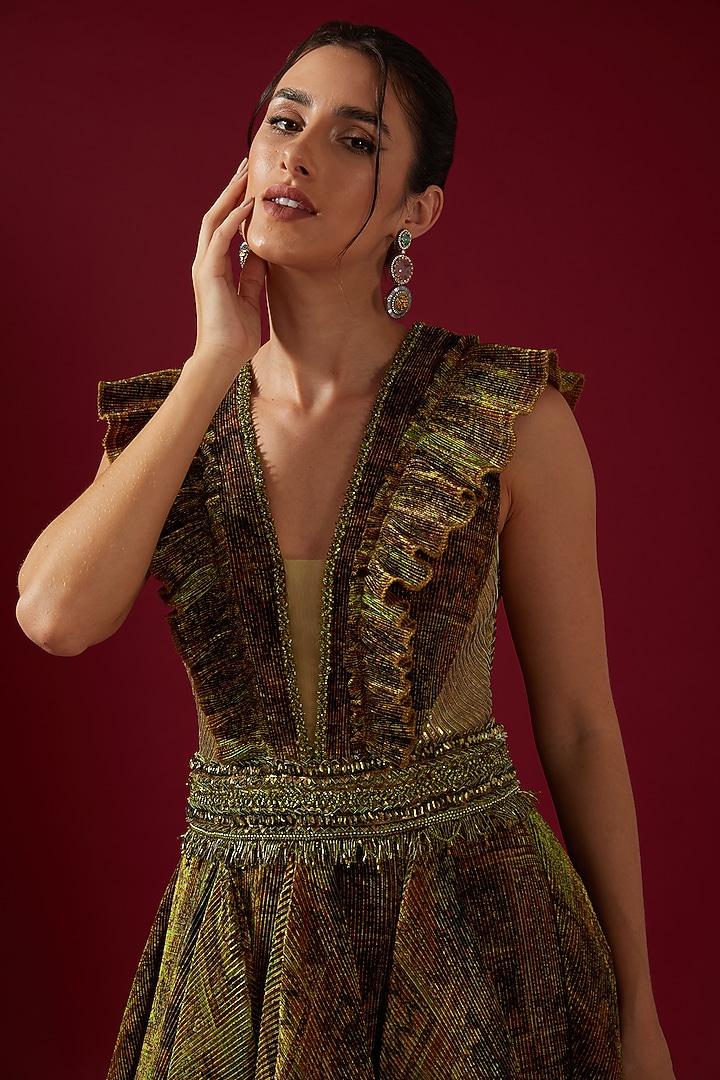 Mustard Pleated Satin Printed Volume Bridal Gown by Shantnu & Nikhil at Pernia's Pop Up Shop