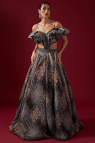 Grey Pleated Satin Printed Volume Gown by Shantnu & Nikhil