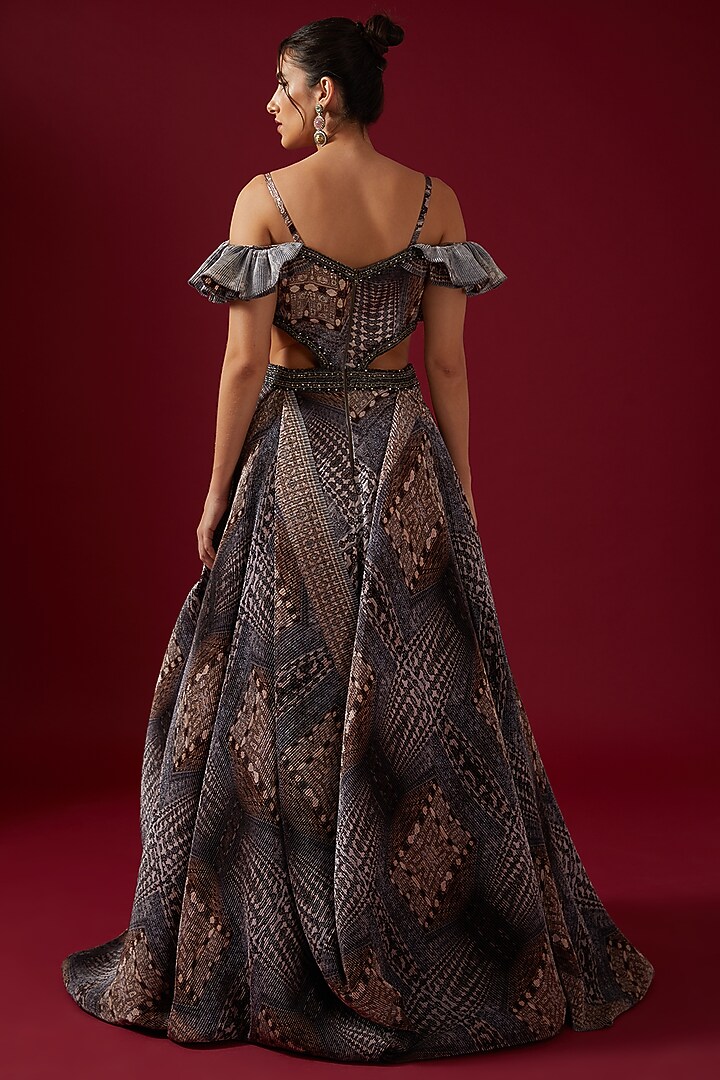 Grey Pleated Satin Printed Volume Bridal Gown by Shantnu & Nikhil at Pernia's Pop Up Shop