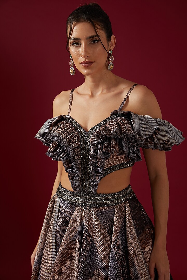 Grey Pleated Satin Printed Volume Bridal Gown by Shantnu & Nikhil at Pernia's Pop Up Shop