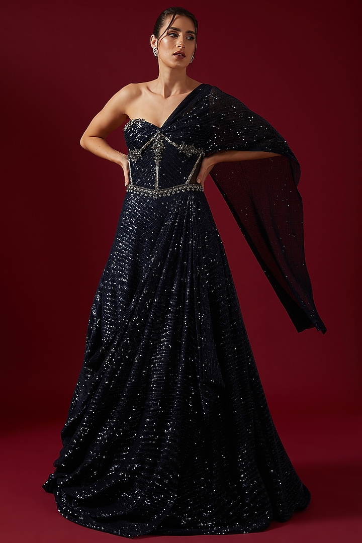 Navy Sequins Embroidered Volume Gown by Shantnu & Nikhil
